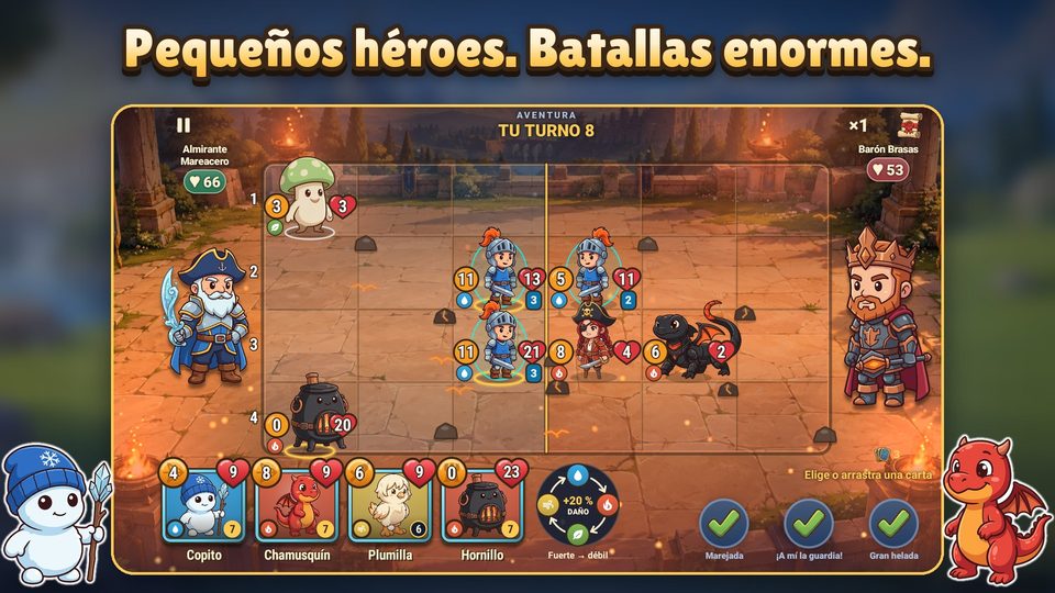 Una batalla: los héroes de cada bando en las cuatro filas del tablero