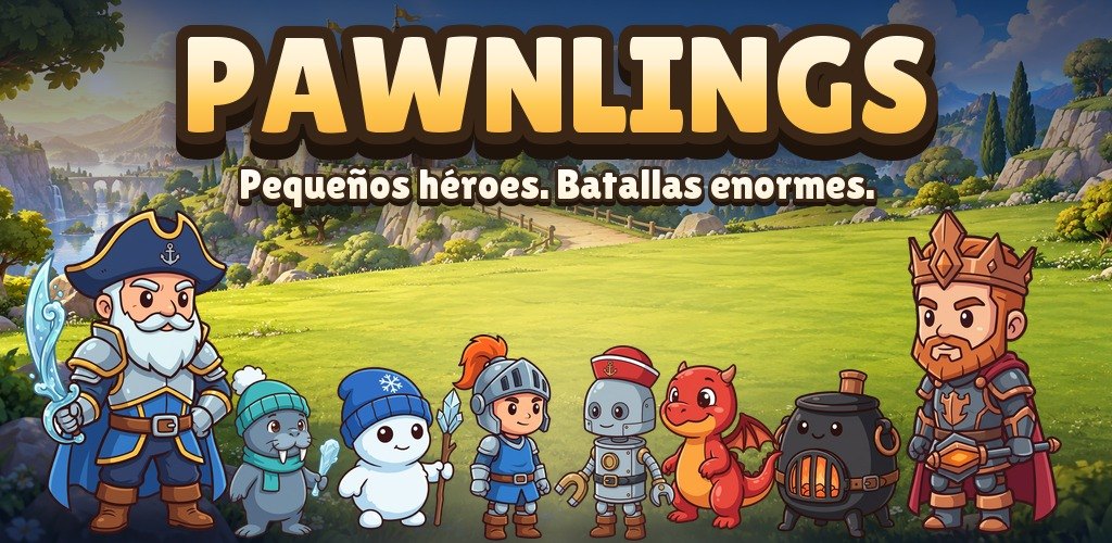 Los héroes de Pawnlings delante del reino, bajo el rótulo del juego